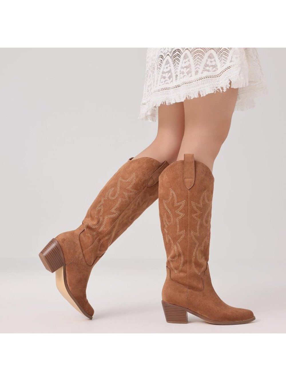 Women's Knee High Wide Calf Brown2 Cowgirl Boots Pull-On Pointed Toe Chunky Heel - Picture 3 of 6